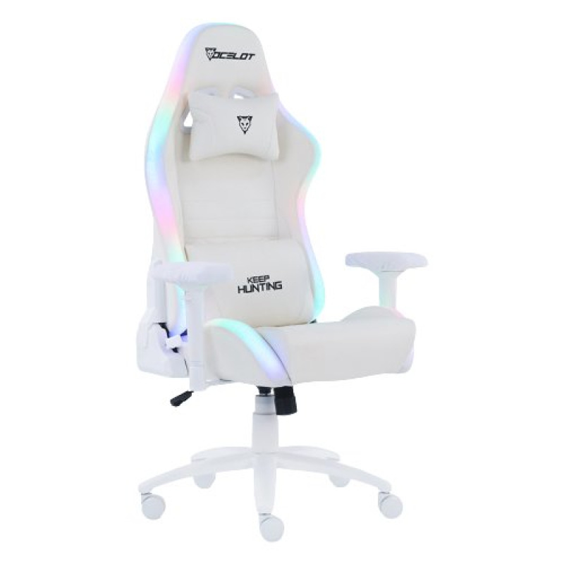 SILLA OCELOT GAMING ORGB-WHITE THUNDRA / VINIPIEL / RGB / BASE METALICA AJUSTABLE / DESCANSABRAZOS 4D / PISTON CLASE 4 / RECLINABLE 90-155 GRADOS / HASTA 150KG / COJINES LUMBAR Y CERVICAL / COLOR BLAN